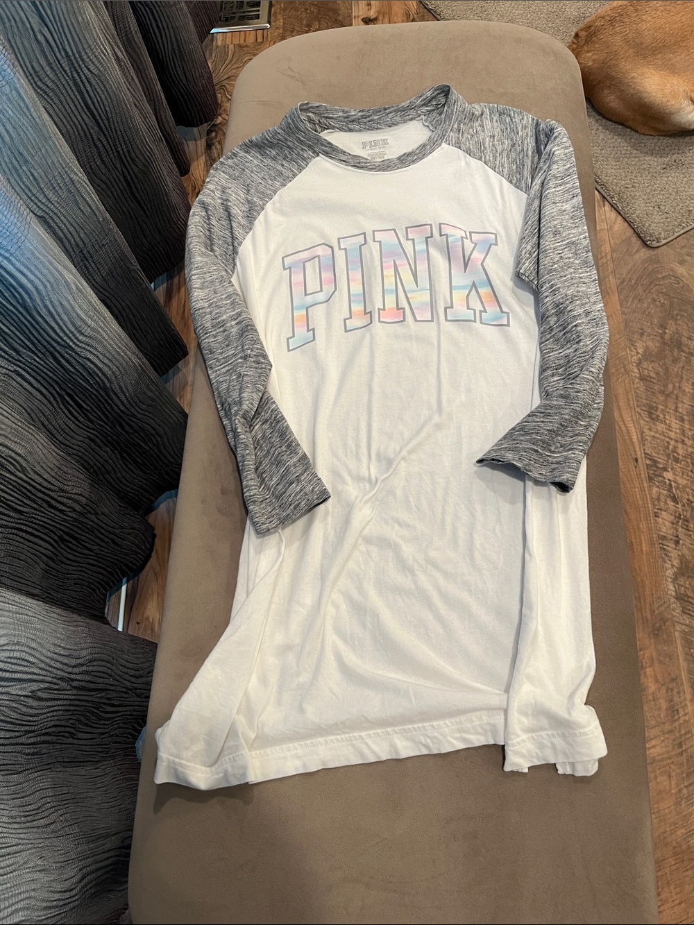 PINK Victoria's Secret White Campus Baseball Tee with Gray Sleeves and Pastel
